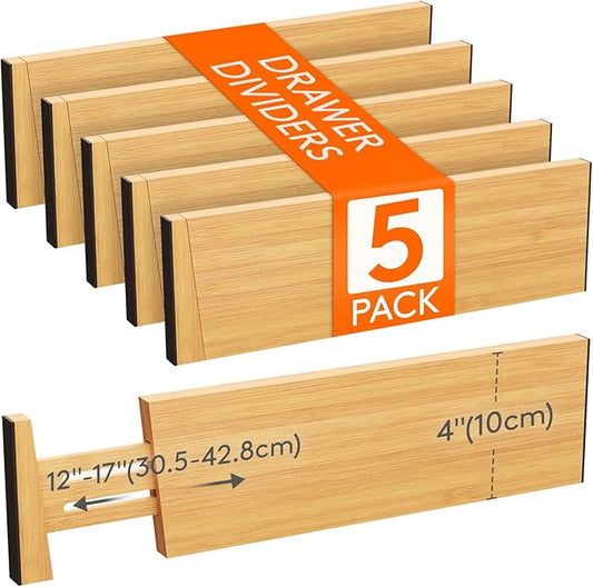 Lifewit 5 Pack Drawer Dividers Bamboo 4" High, 12-17" Adjustable Drawer Organizers for Clothes, Expandable Dresser Separators in Bedroom/Bathroom/Kitchen/Fridge/Office Organization and Storage-DeskLoop Office