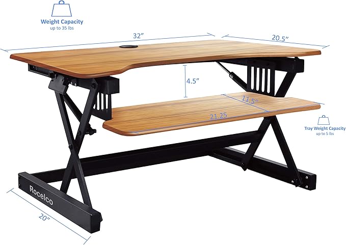Rocelco 32" Height Adjustable Standing Desk Converter - Sit Stand Computer Workstation Riser - Dual Monitor Retractable Keyboard Tray Gas Spring Assist - Teak Wood Grain (R EADRT)-DeskLoop Office