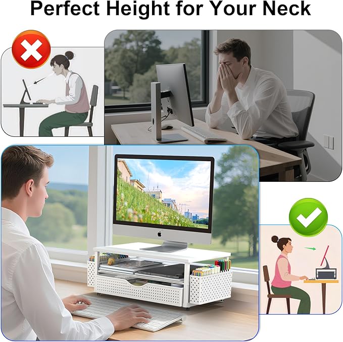 Desk Organizer and Accessories, Computer Monitor Stand Riser with Drawer and 2 Pen Holders, Office Desk Accessories & Workspace Organizers for Office Supplies (White)-DeskLoop Office