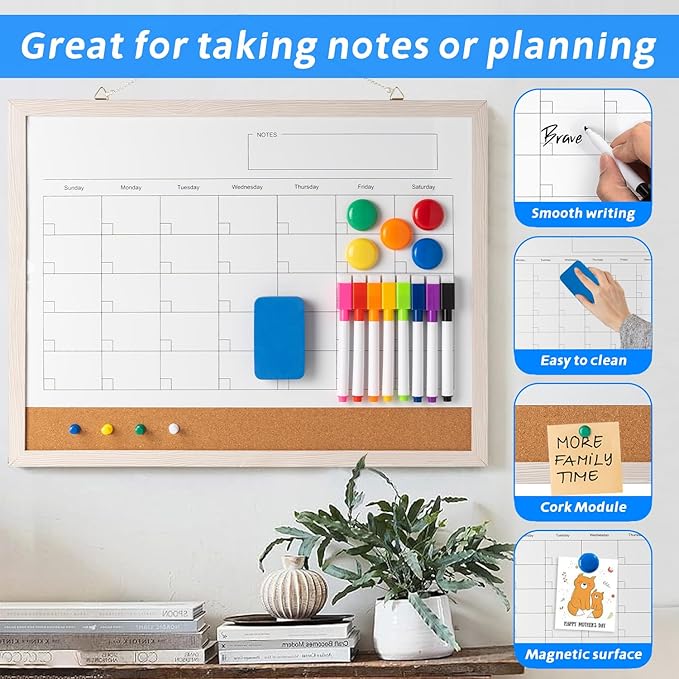 Dry Erase Calendar Whiteboard, 17" x 13" Magnetic Whiteboard Cork Board Combo, Reusable Monthly Planner with 8 Markers, Eraser, Magnets and Pushpins, Hanging Dry Erase Board for Home, School - White-DeskLoop Office