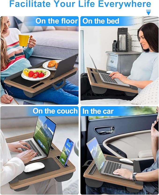 Laptop Lap Desk, Portable Large Laptop Desk for Bed, Up to 17 in Lap Table with Wrist Rest, Mouse Pad, Tablet Phone Slot, Portable Handle, Cushion (Dark Brown Woodgrain)-DeskLoop Office