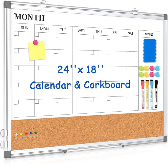 Monthly Calendar Whiteboard Dry Erase Cork Board Combo for Wall, 24" x 18" Double-Sided Calendar White Board and Bulletin Board, Portable Board for Office, Kitchen, School, Home-DeskLoop Office