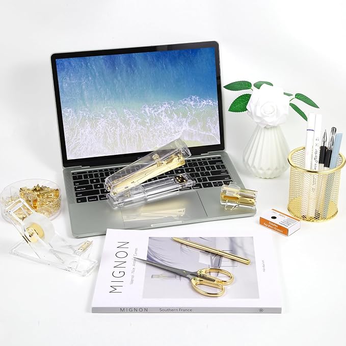 Gold Desk Accessories, Office Supplies Set with Acrylic Stapler, Tape Dispenser, Staple Remover, Pen Holder, Scissor, Binder Paper Clips, 1 Ballpoint Pen, 1 Clear Tape and 1000pcs Staples-DeskLoop Office