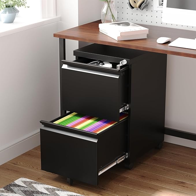 Letaya 2 Drawer Mobile File Cabinet with Lock, Under Desk Metal Rolling Filing Cabinets for Home Office Organizer Letters/Legal/A4 (Black- Requires Installation)-DeskLoop Office