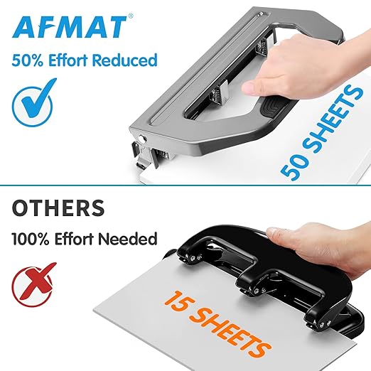 AFMAT Heavy Duty 3 Hole Punch, 50-Sheet, 50% Reduced Effort, Adjustable Two & Three Hole Punch, Metal Paper Puncher w/Large Chip Tray, Metal Paper Guide, Gray-DeskLoop Office