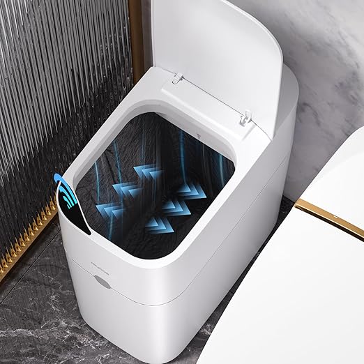 MOPUP Bathroom Trash Can, Automatic Bagging Garbage Can, 3.5 Gallon Slim Smart Small Plastic Trash Bin, Narrow Motion Sensor Trash Can for Bedroom, Office White-DeskLoop Office