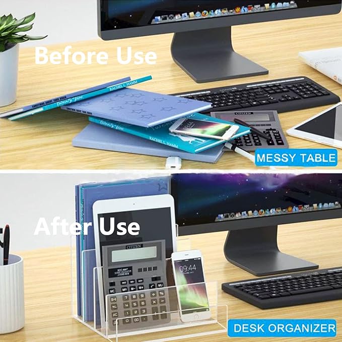 Acrylic Desk File Organizer 2 Pack, 4 Section Letter Organizer, Clear Folder Holder, Desktop File Holder for Document, Notebook and Newspaper, Clear Desk Storage Rack for Home and Office Use-DeskLoop Office