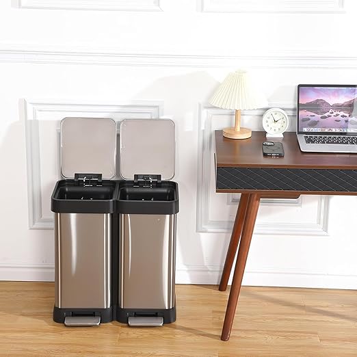 16 Gallon Dual Compartment Trash Can, 2 x 30L Fingerprint Resistant Stainless Steel Kitchen Garbage Can with 2 Soft-Close Lid & Foot Pedal for Kitchen Office Bathroom, Without Inner Bucket-DeskLoop Office