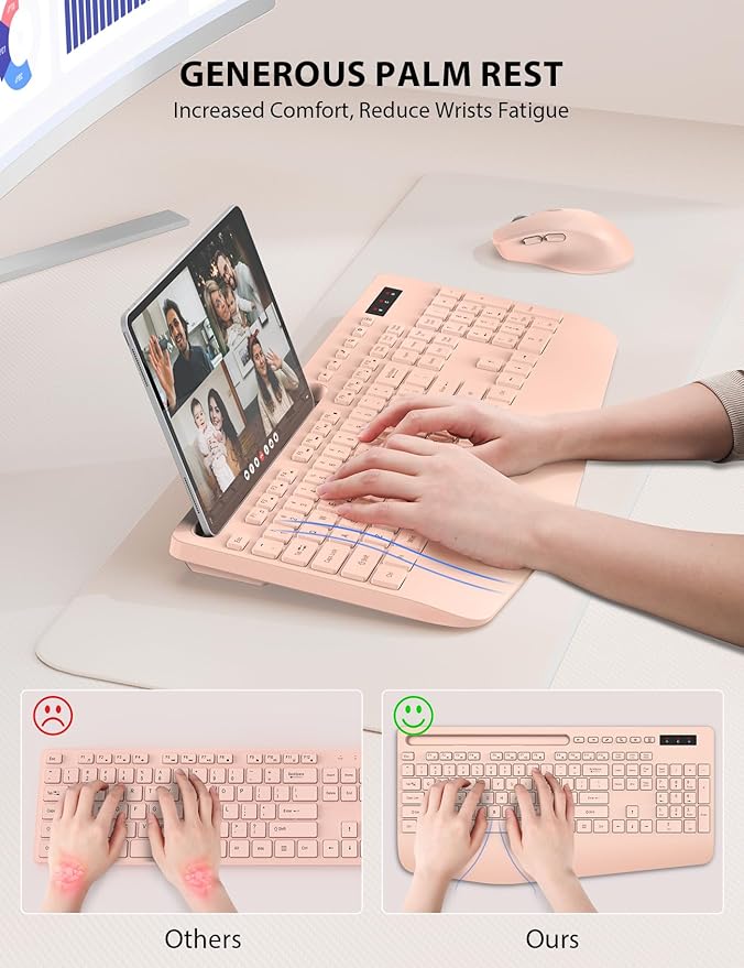 Trueque Wireless Keyboard and Mouse Combo - Full-Sized Ergonomic Keyboard with Wrist Rest, Phone Holder, Sleep Mode, Silent 2.4GHz Cordless Keyboards Mice Set for Computer, Laptop, PC, Windows (Pink)-DeskLoop Office