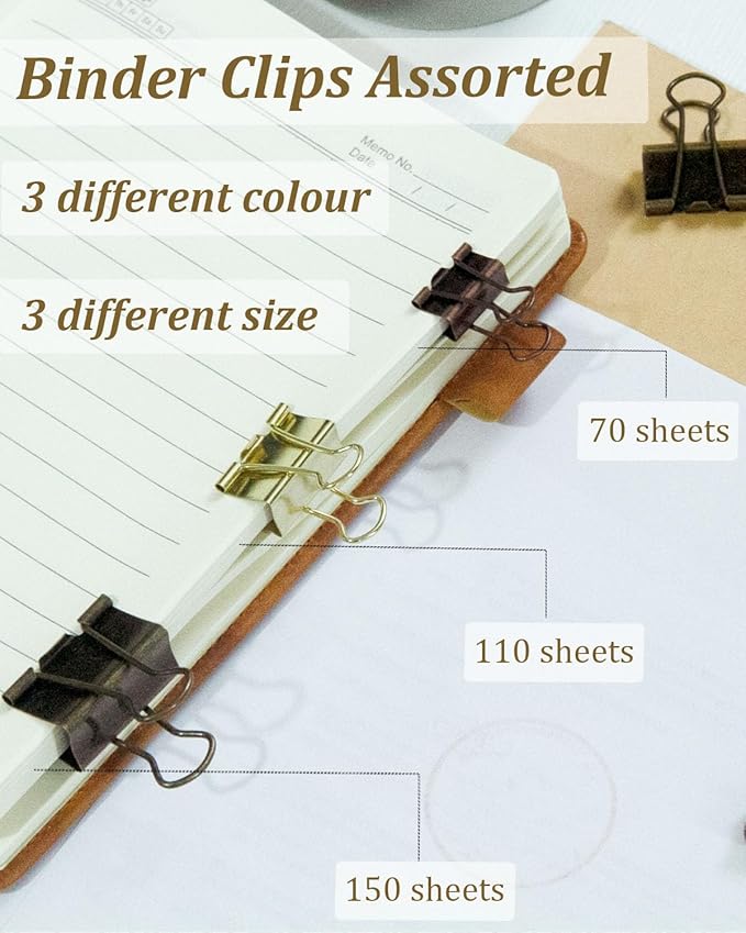 Assorted Binder Clips 0.75/1/1.25in 25-Pack - Copper Tone Clips for Office & Home