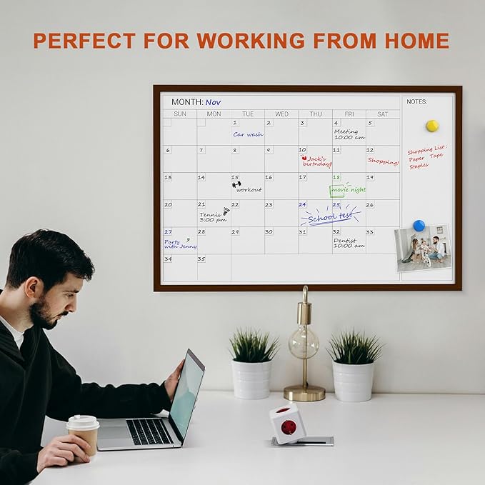 Comix Dry Erase Calendar Whiteboard for Wall,Magnetic Dry Erase White Board with Brown Wood Frame, 36 * 24 inches Decorative Planner Board for Office, Kitchen, School, Home-DeskLoop Office