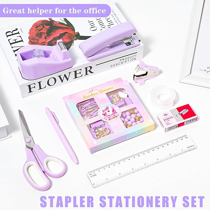 Desk Accessories with Pen Holder, Office Supplies Desk Organizers and Accessories, Tape Dispenser, Stapler, Staple Remover, Staples, Clips Set, Ruler, Scissor, Pen, Tape (Purple)-DeskLoop Office