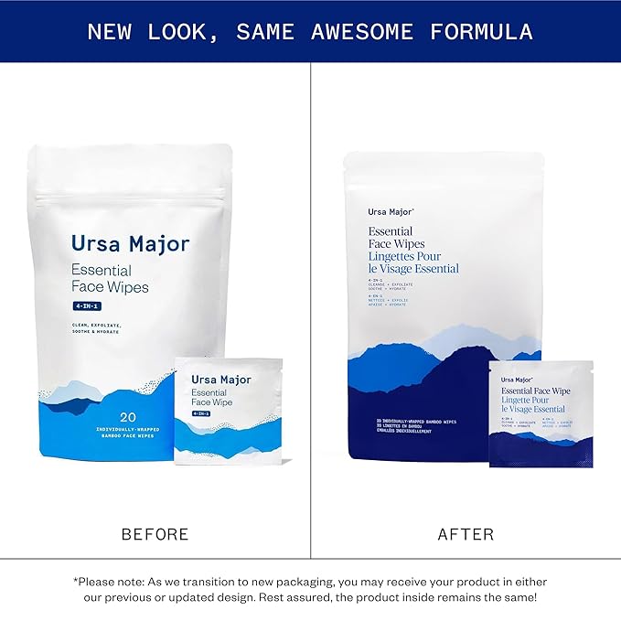 Ursa Major Essential Face Wipes | Natural, Biodegradable, Cruelty-Free | Cleanse, Exfoliate, Soothe and Hydrate | Individually Wrapped | 20 Count-DeskLoop Office