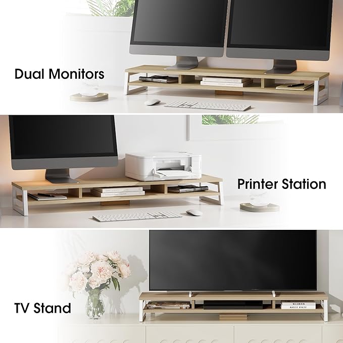 Fenge Dual Monitor Stand for Desk, 42.5in Large Monitor Riser for 2 Monitors, 2 Tier Computer Office Desk Top Shelf, Desktop Storage Stand for Laptop, PC, Computer, Printer-DeskLoop Office