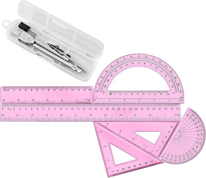 Zonon 1 Set Plastic Geometry Math Set Includes Drawing Compass, 6 Inch 4 Inch Protractor, 45/60 Degree Triangle Rulers 12 Inch 6 Inch Math Ruler Transparent for Office Supplies (Pink)-DeskLoop Office