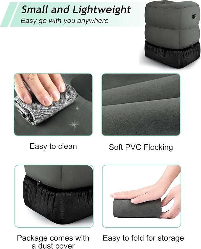JefDiee Inflatable Travel Foot Rest Pillow, Kids Airplane Bed, Adjustable 3 Layers Height Leg Rest Pillow, Adults Travel Essentials Great for Airplane, Office, Home, Trains, Cars (2 Pack-Dark Grey)-DeskLoop Office
