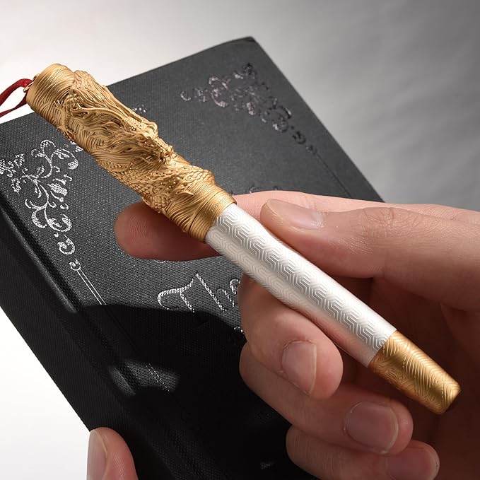 Hongdian A24 Fountain Pen Fine Nib, Snow White & Golden Dragon Stereoscopic Carving Cap Design-DeskLoop Office