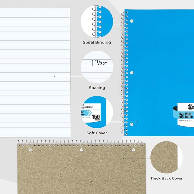 12 Pack Spiral Notebook, 5 Subject, 300 Pages/Book (150 Sheets), Wide Ruled, 8 x 10-1/2, Bulk Office Spiral Notebooks, Sturdy Spiral Journal, Notebooks for School, Soft Cover, Assorted Colors