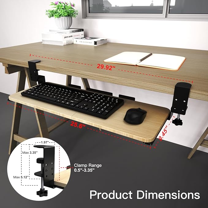 Ergonomic Keyboard Tray Under Desk Pull Out with Adjustable C-Clamp Mount, Slide-Out Computer Keyboard and Mouse Platform Drawer for Office and Home Typing (Light Wood)-DeskLoop Office