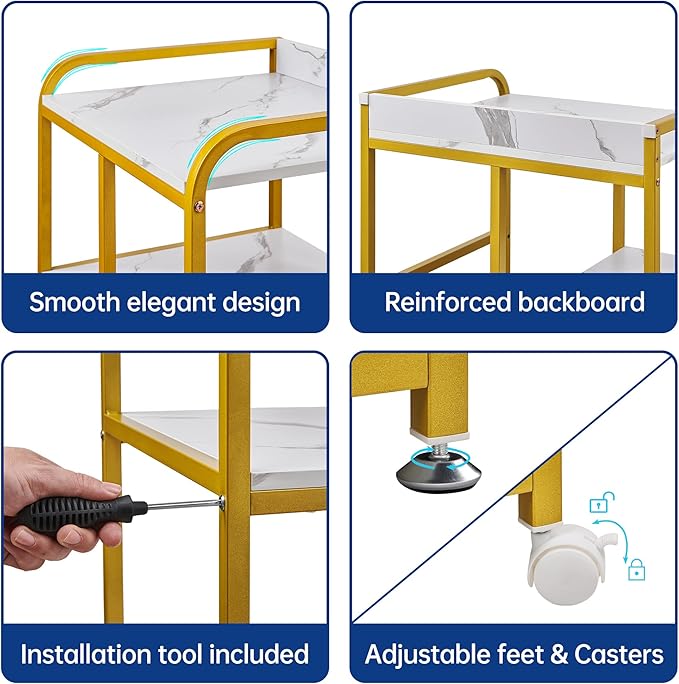 Large Printer Table Stand with Shelf for Computer Tower, CPU and Shredder, 22 x 18 Inch Rolling Printer Cart with Wheels for Home Office Storage and Organization - White Gold-DeskLoop Office