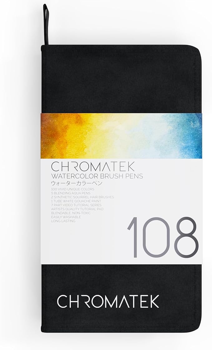 CHROMATEK 108 Watercolor Pens Set | Including 15 Page Pad & Online Video Tutorial Series | 5 Aquapens & 100 Unique Colors | Real Brush Pens | Easily Blendable, Vivid and Smooth-DeskLoop Office