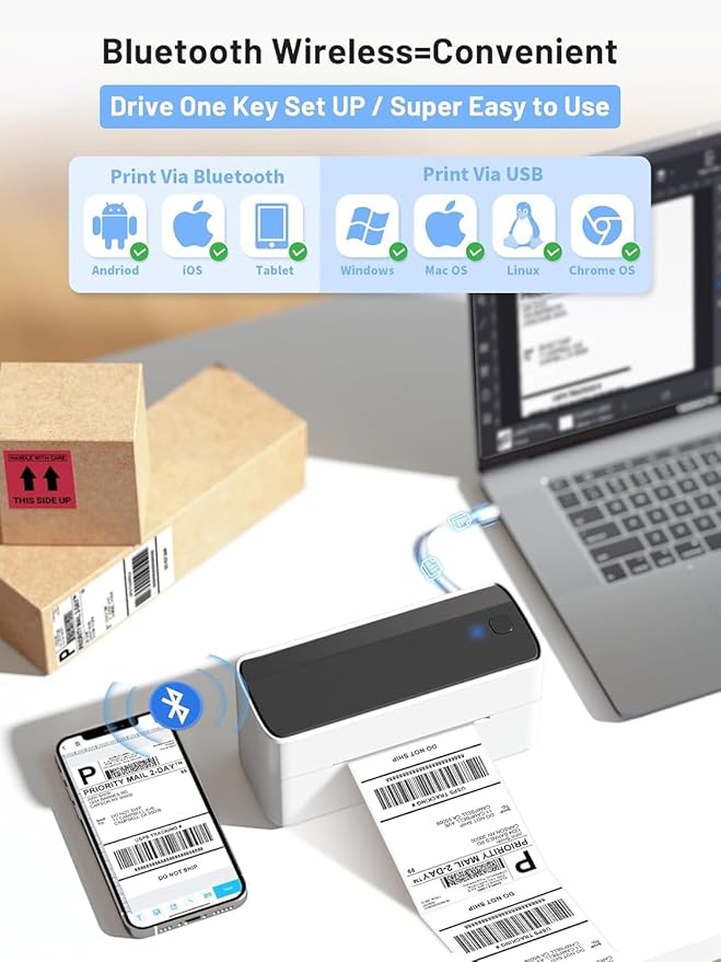 Phomemo Bluetooth Thermal Printer for Shipping Packages - Wireless Label Printers for Small Business with Phone&Pad&PC, 241BT Shipping Label Printer Compatible with Amazon, Ebay, Shopify, USPS, Temu-DeskLoop Office
