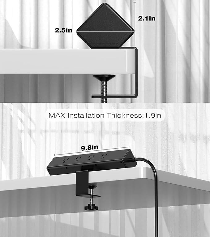 Desk Clamp Power Strip, 40W Total Fast Charging Station, Desk Edge Mount Power Strip, 8 USB Ports(4 USB C) & 8 AC Outlets, Fit 1.9" Tabletop Edge(6Ft 14AWG Cable)-DeskLoop Office