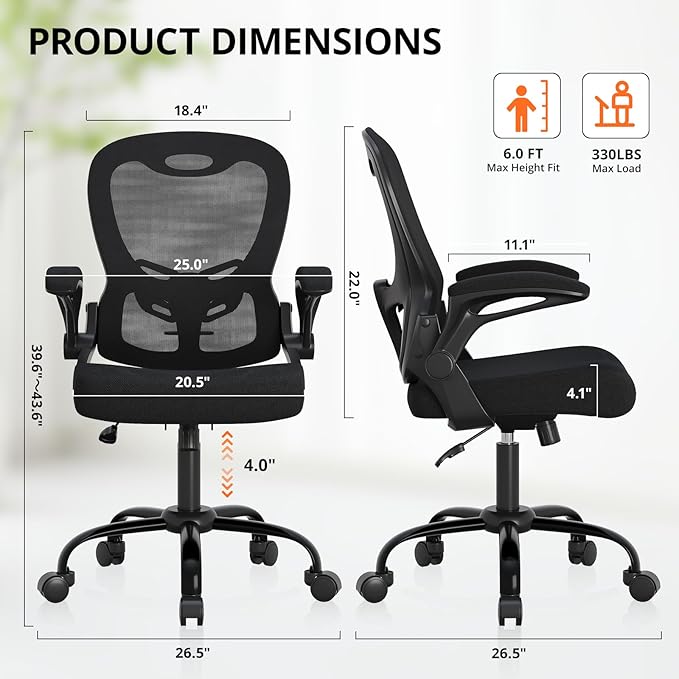 Office Chair, Ergonomic Desk Chair Breathable Mesh Chair with Adjustable High Back Lumbar Support Flip-up Armrests, Long Hours Comfortable Computer Chair for Home Office, Black-DeskLoop Office