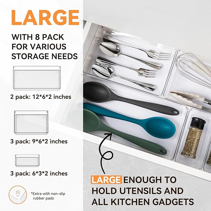 Criusia 8 Pack Drawer Organizer for Kitchen Gadgets, Large Clear Plastic Drawer Divider for Kitchen Accessories, Bathroom Organizers and Storage, Home Essentials for Makeup and Vanity Accessories-DeskLoop Office