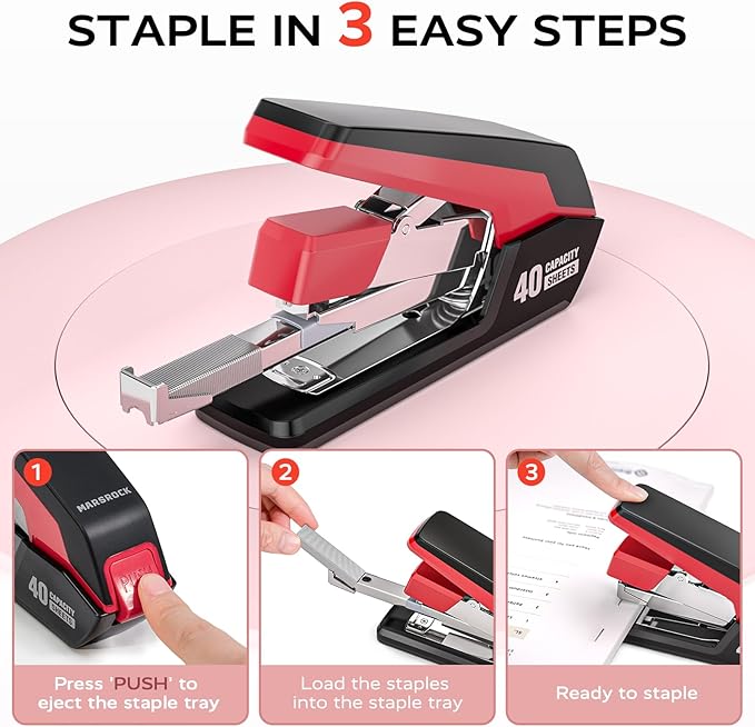 Effortless Stapler for Desk with 40-50 Sheet Capacity, 2000 Staples, 1-Touch Stapling, Ergonomic & Easy to Load Desktop Staplers, Heavy Duty Stapler, and Magnetic Staple Remover, Red-DeskLoop Office