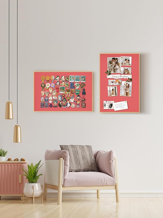 Bulletin Board 23.6 x 17.7 inches, Coral Red Pin Board, Golden Aluminum Framed Fabric Cork Board with 10 Push Pins-DeskLoop Office