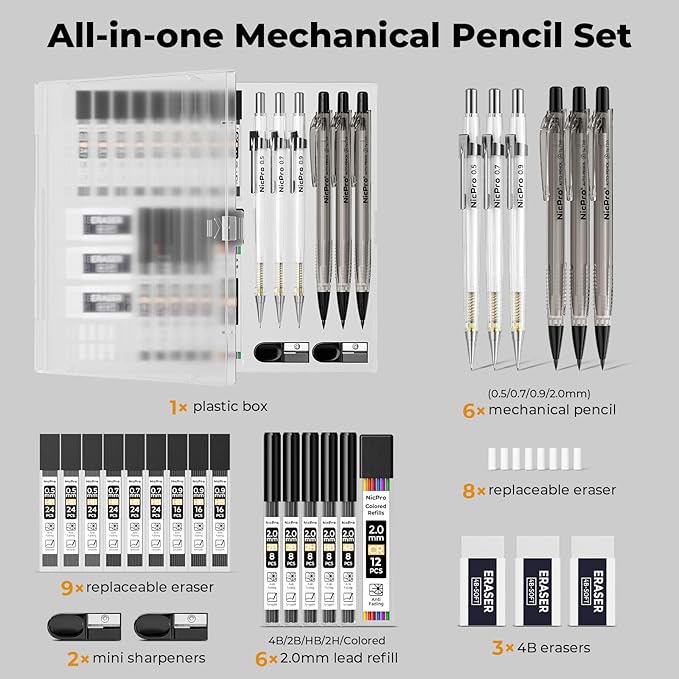 Nicpro 6 PCS Art Mechanical Pencils Set with Case, Drafting Pencil 0.5 & 0.7 & 0.9 mm and 3PCS 2mm Lead Holder (4B 2B HB 2H Colors) For Art Writing, Sketching Drawing,With Lead Refills Erasers-DeskLoop Office