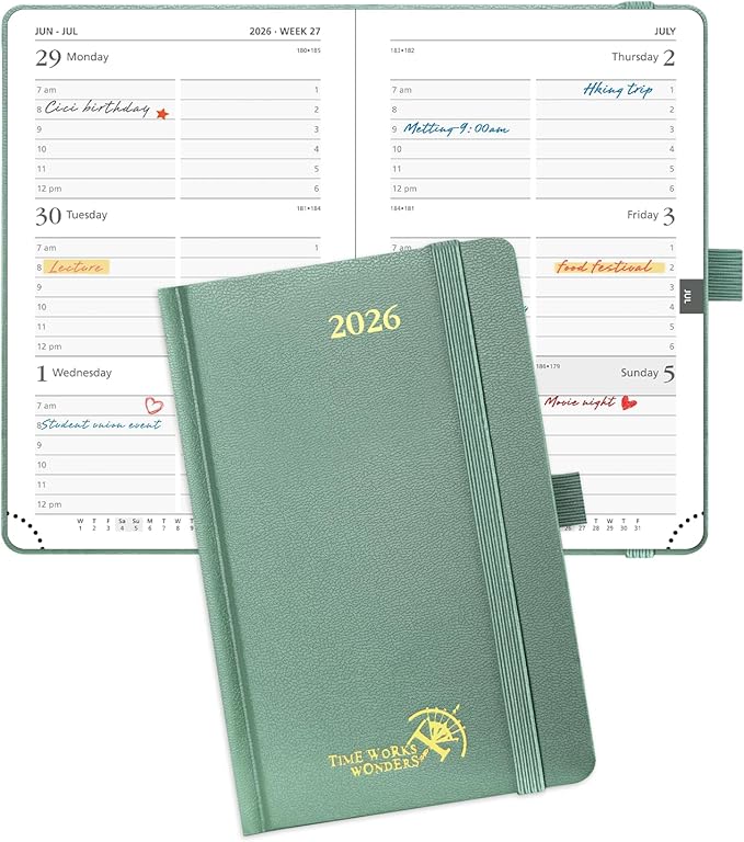POPRUN 2026 Planner (Pocket Size 4''x 6.25'' Hardcover) - Small Calendar for Purse with Hourly Schedule & Vertical Weekly Layout, Monthly Calendars, 100 GSM - Midnight Green-DeskLoop Office