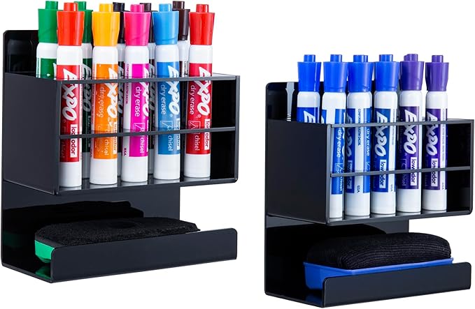 MyGift Wall Mounted Dry Erase Whiteboard Marker Holder Stand with 10 Marker Slots and Eraser Holder, Black Set of 2-DeskLoop Office