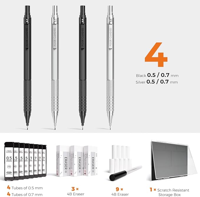 Four Candies 4PCS Metal Mechanical Pencils Set with Case, 0.5mm & 0.7 mm Artist Pencil with 8 Tubes (480PCS) HB Lead Refills, 3 Erasers,9 Eraser Refills For Writing Drafting, Drawing, Black&Silver-DeskLoop Office