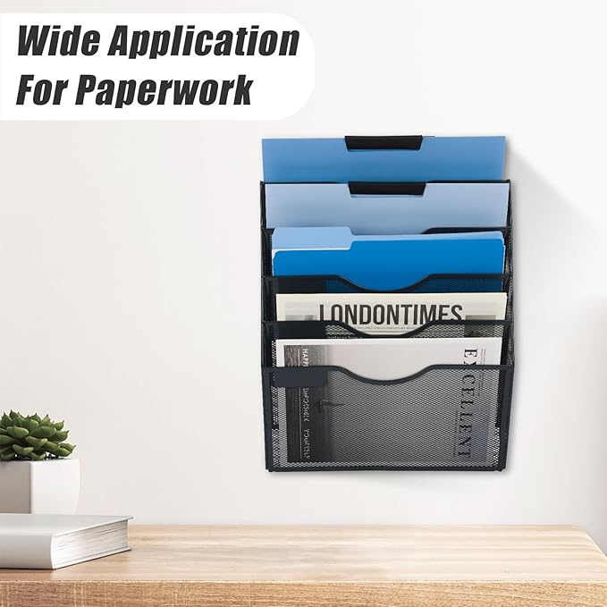 EASEPRES 5 Pocket Mesh Hanging Wall File Organizer, Wall Mounted Mail Paper Document Folder Holder, Clipboard Storage Organization Magazine Rack with Nametag Label for Office Home School, Black-DeskLoop Office