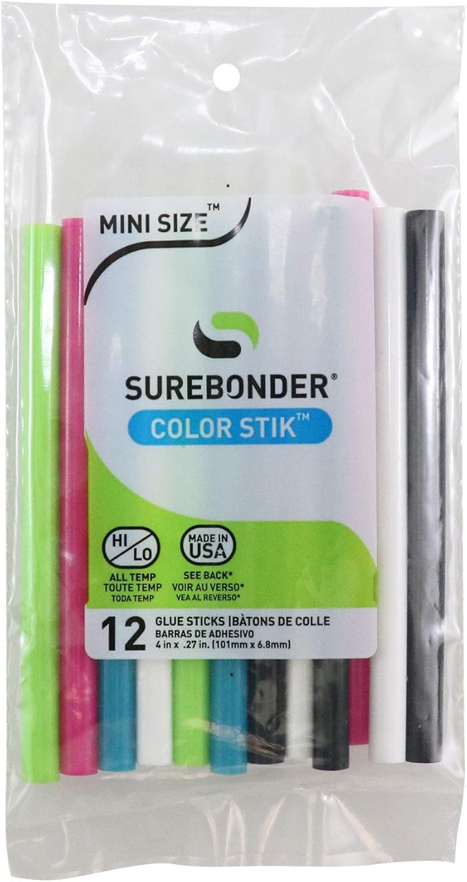 Surebonder CO-12V Mini All Temperature Colored Glue Stik-12 glue sticks-4" length 5/16" diameter-DeskLoop Office