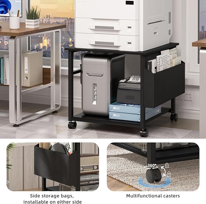 Lerliuo Large Printer Stand with Storage Shelf, 23.6 x 23.6 x 22.8 Industrial Printer Table for Home Office, Rolling Printer Cart Holder with Lockable Wheels, Mobile Mini Fridge Stand Table (Black)-DeskLoop Office