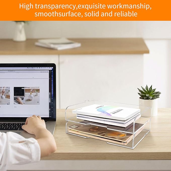 2 Pack- Stackable Paper Letter Tray,Clear Acrylic Magazine Holder and File Organizer - Sleek Desk Organizer for Home Office, Bookshelf, or Workspace - Space-Saving Transparent Document Holder-DeskLoop Office