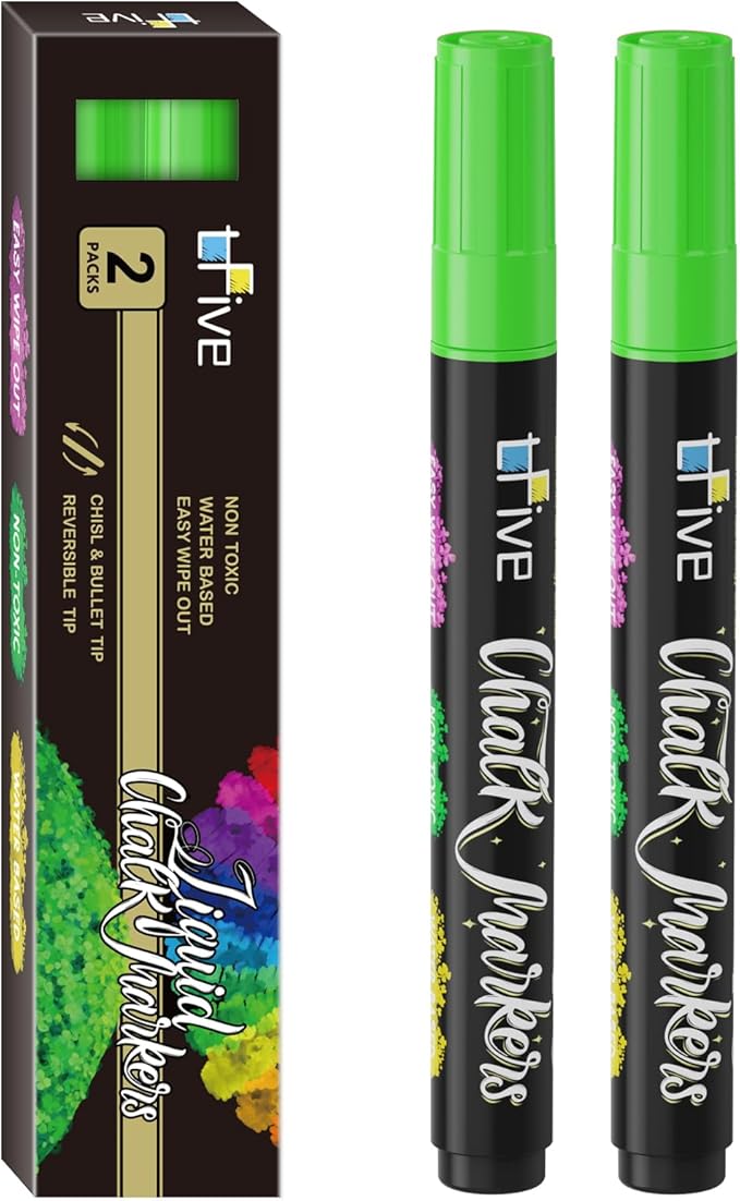 TFIVE Green Liquid Chalk Markers - 2 Pack Bright Colors Erasable Chalk Marker Pens, Reversible Tip, Non-Toxic, for Chalkboards, Signs, Glass, Easy to use Chalk markers TF800-DeskLoop Office
