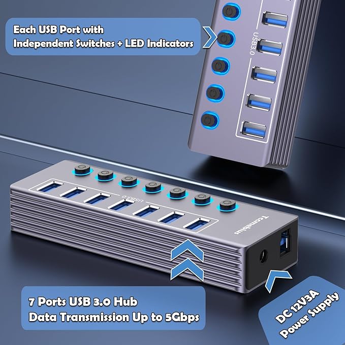 Powered 7-Port USB 3.0 Hub, USB C to 7 Ports USB Data Hub Splitter with Individual LED On/Off Switche, 3.3FT Cable, 12V/3A Power Adapter, for Laptop MacBook Pro/Air PC (Aluminum Gary)-DeskLoop Office