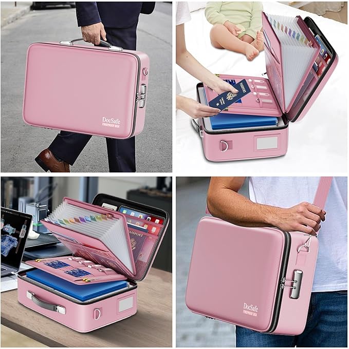 DocSafe Fireproof Document Box with Lock&Shoulder Strap,Hard Case File Organizer with Accordion File Folder,Multi-Layer Portable Home Office Travel Safe Storage for Important Documents Laptop Pink-DeskLoop Office