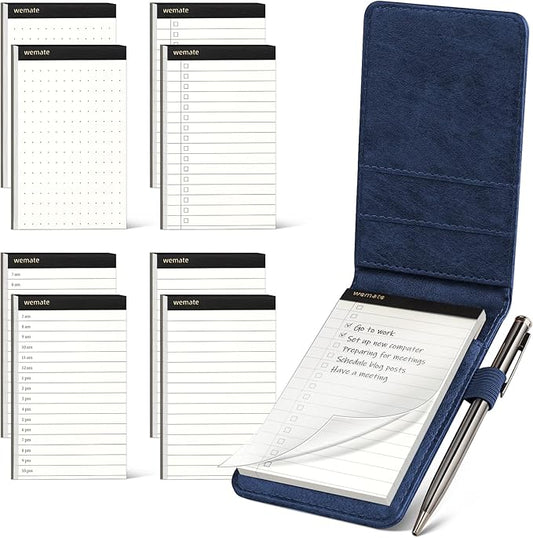 WEMATE 10 Pieces Small Notepad Holder Set Pocket Notebook - Included Mini Pocket Notepad Holder Set with 8 Memo Book Refills and Metal Pen for Meetings, Daily Records, and Notes 3 x 5 Inch (Blue)-DeskLoop Office