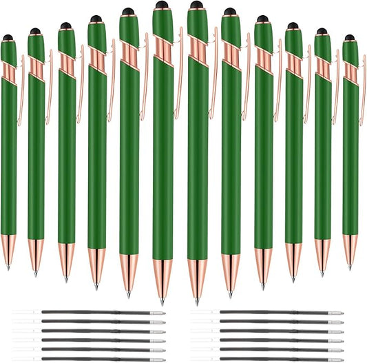 12 PCS 2 in 1 Stylus Ballpoint Pen with Stylus Tip, 1.0 mm Black Ink Metal Pen Stylus Pen for Touch Screens (Light Green)-DeskLoop Office