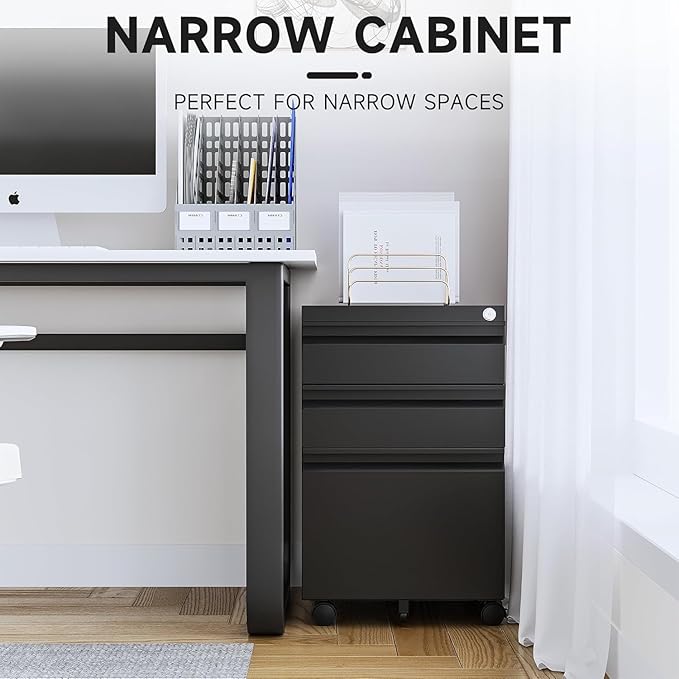 Letaya 3 Drawer Mobile File Cabinet with Lock, Under Desk Metal Rolling Filing Cabinets for Home Office Organizer Letters/Legal/A4 (Black- Requires Installation) (Black)-DeskLoop Office