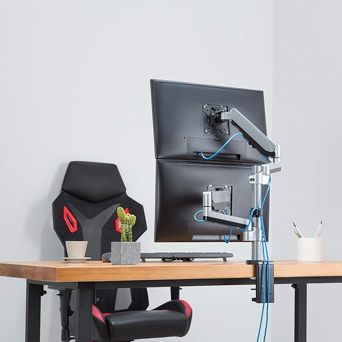 AVLT Dual 13"-27" Stacked Monitor Arm Desk Mount - Fits Two Flat/Curved Monitors, Full Motion Height Swivel Tilt Rotation Adjustable - VESA/C-Clamp/Grommet/Cable Management-DeskLoop Office