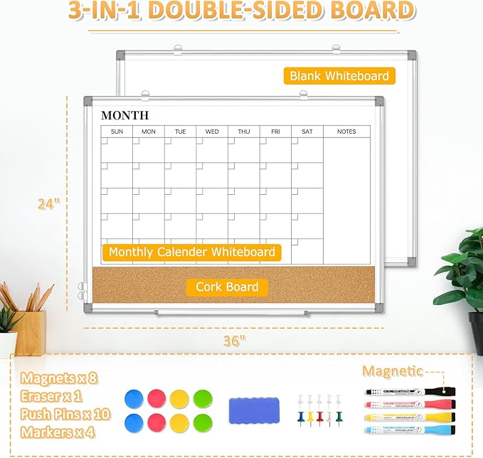 Large Dry Erase Calendar for Wall, 36"x24" Double-Sided Magnetic Whiteboard Calendar with Cork Board, Aluminum Frame Monthly White Board Memo Message Board for Office, Home, School, Kitchen-DeskLoop Office