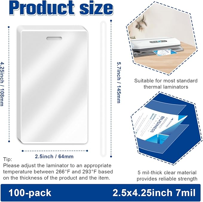 100 Pieces 7 Mil 2 1/2" x 4 1/4" Luggage Tag Laminating Pouches with Slot Hole Thermal Laminate Pouch Tags Kit Resealable for Work Permits Pass Cards Student ID Cards (100, 7 Mil)-DeskLoop Office