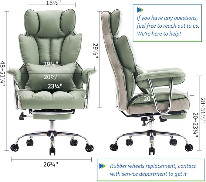 Efomao Big and Tall Office Chair 400lbs - Executive Office Chairs with Footrest, Heavy-Duty PU Leather Computer Chair for Heavy People, Light Green Home Office Desk Chairs-DeskLoop Office