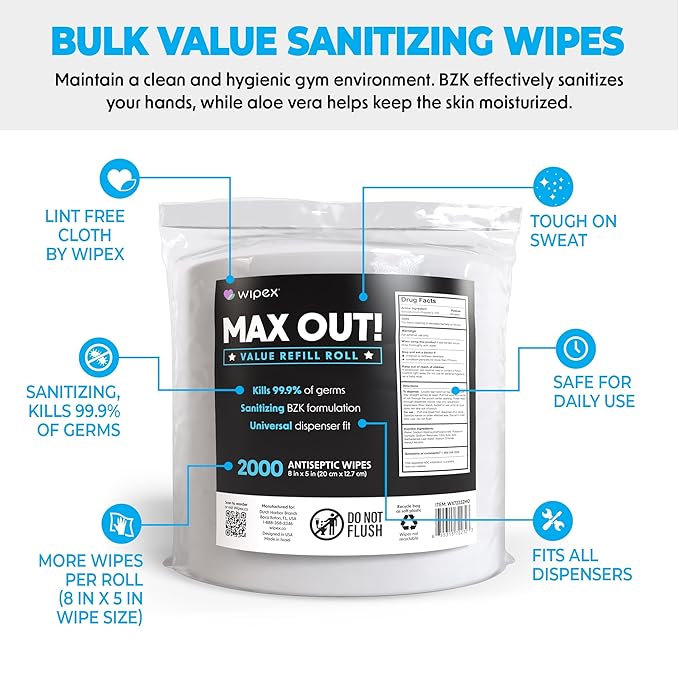 Wipex Max Out Sanitizing Wipes for Fitness Centers - 2000 Wipes Per Roll, Pack of 2, Economy Size Refill Rolls for Dispensers, 5"x8" - Ideal for High Volume Commercial Gyms, Schools & Studios-DeskLoop Office